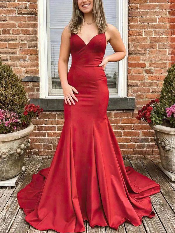 Trumpet/Mermaid V-neck Stretch Crepe Sweep Train Prom Dresses With Bow #Milly020113111