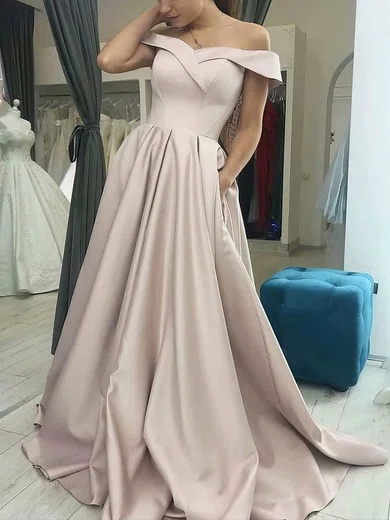 A-line Off-the-shoulder Satin Sweep Train Prom Dresses With Pockets #Milly020113129