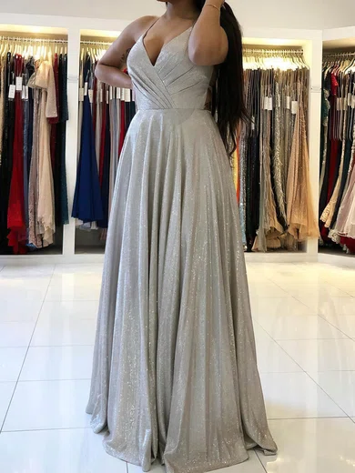 A-line V-neck Glitter Prom Dresses With Ruched #Milly020113130
