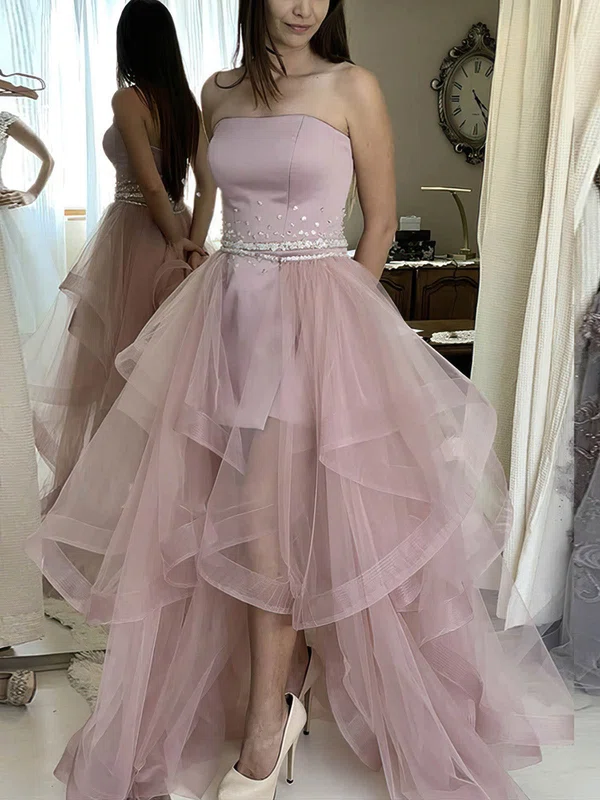 Sheath/Column Strapless Satin Tulle Detachable Prom Dresses With Beading #Milly020113135