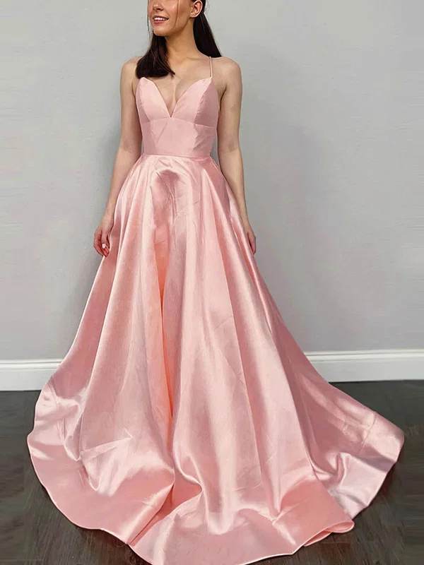 A-line V-neck Satin Sweep Train Prom Dresses #Milly020113140