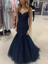 Trumpet/Mermaid V-neck Lace Tulle Floor-length Prom Dresses With Appliques Lace #Milly020113141