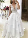 A-line V-neck Satin Chiffon Sweep Train Prom Dresses With Appliques Lace #Milly020113144