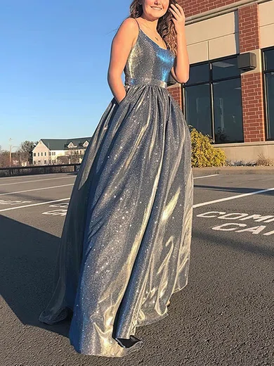 A-line Scoop Neck Shimmer Crepe Sweep Train Prom Dresses With Pockets #Milly020113147