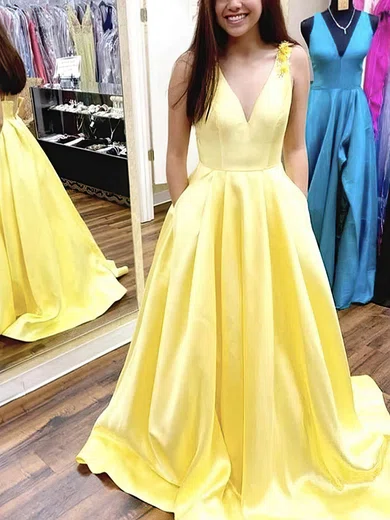 A-line V-neck Satin Sweep Train Prom Dresses With Pockets #Milly020113149