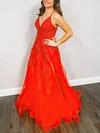 A-line V-neck Lace Tulle Sweep Train Prom Dresses With Split Front #Milly020113154