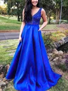 A-line V-neck Lace Satin Sweep Train Prom Dresses With Beading #Milly020113161