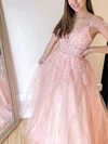 A-line V-neck Tulle Lace Sweep Train Prom Dresses With Appliques Lace #Milly020113172