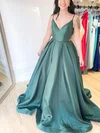 A-line V-neck Satin Sweep Train Prom Dresses #Milly020113175