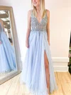 A-line V-neck Tulle Floor-length Prom Dresses With Split Front #Milly020113177