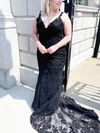 Trumpet/Mermaid V-neck Tulle Lace Sweep Train Prom Dresses With Appliques Lace #Milly020113178