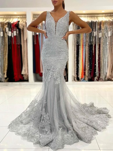 Trumpet/Mermaid V-neck Tulle Lace Sweep Train Prom Dresses With Appliques Lace #Milly020113180