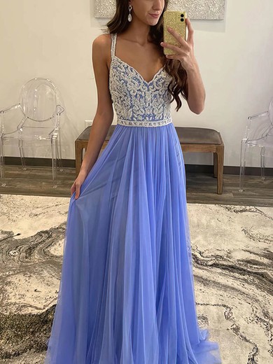 A-line V-neck Lace Tulle Floor-length Prom Dresses #Milly020113188