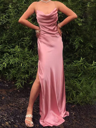 Sheath/Column Cowl Neck Silk-like Satin Sweep Train Prom Dresses With Split Front #Milly020113204