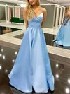 A-line V-neck Satin Sweep Train Prom Dresses With Ruffles #Milly020113211