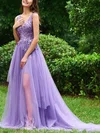 A-line V-neck Lace Glitter Sweep Train Prom Dresses With Appliques Lace #Milly020113214
