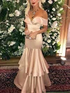 Trumpet/Mermaid Off-the-shoulder Satin Floor-length Prom Dresses With Tiered #Milly020113228