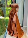 A-line Off-the-shoulder Satin Sweep Train Prom Dresses With Split Front #Milly020113240
