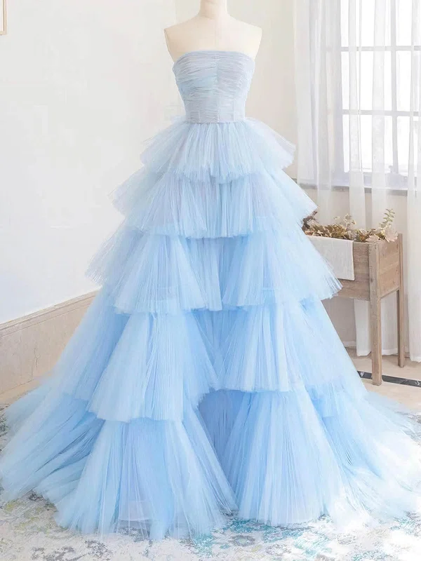Princess Strapless Tulle Sweep Train Prom Dresses With Tiered #Milly020113245