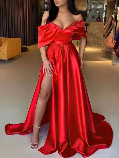 Ball Gown Off-the-shoulder Satin Prom Dresses With Ruched #Milly020113247