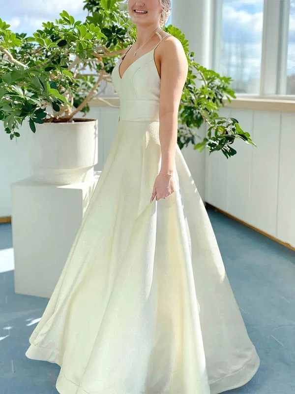 A-line V-neck Satin Floor-length Prom Dresses #Milly020113248
