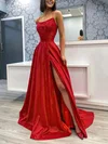 A-line Scoop Neck Satin Sweep Train Prom Dresses With Split Front #Milly020113250