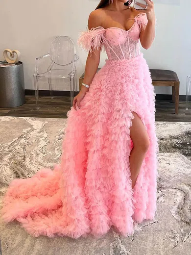 Ball Gown Off-the-shoulder Tulle Tiered Prom Dresses With Feather #Milly020113254
