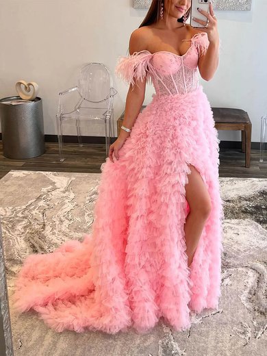 Ball Gown/Princess Off-the-shoulder Lace Tulle Sweep Train Prom Dresses With Feathers / Fur S020113254