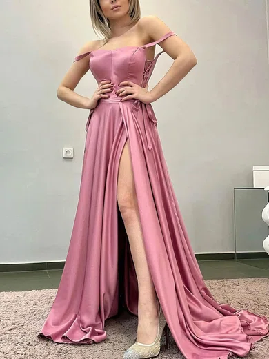 A-line Off-the-shoulder Silk-like Satin Sweep Train Prom Dresses With Split Front #Milly020113256