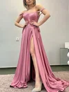 A-line Off-the-shoulder Silk-like Satin Sweep Train Prom Dresses With Split Front #Milly020113256