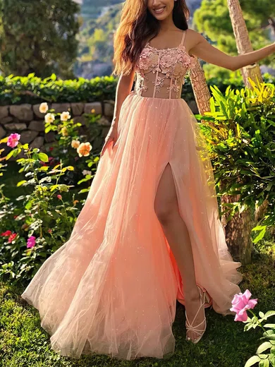 Princess V-neck Tulle Glitter Sweep Train Prom Dresses With Split Front #Milly020113258