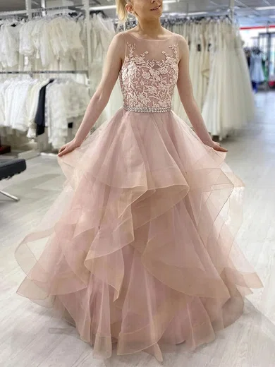Princess Scoop Neck Tulle Floor-length Prom Dresses With Appliques Lace #Milly020113259