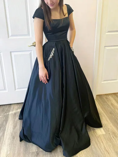 A-line Square Neckline Satin Floor-length Prom Dresses With Pockets #Milly020113265