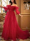 A-line Off-the-shoulder Tulle Sweep Train Prom Dresses With Sashes / Ribbons #Milly020113266