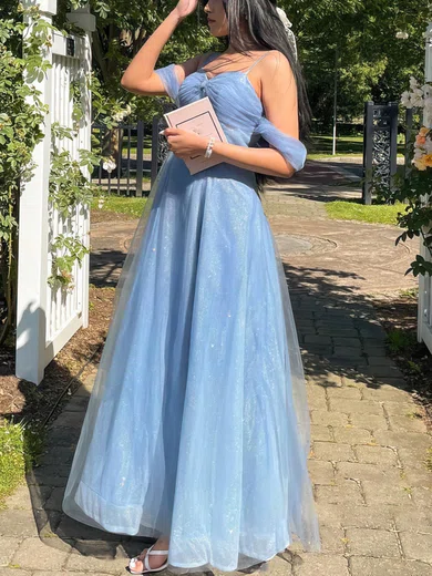 A-line Off-the-shoulder Tulle Glitter Floor-length Prom Dresses With Ruffles #Milly020113280