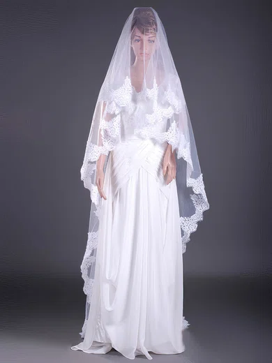 One-tier Tulle Chapel Wedding Veils with Lace Applique Edge #1430033