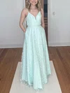 A-line V-neck Lace Floor-length Prom Dresses With Pockets #Milly020113285