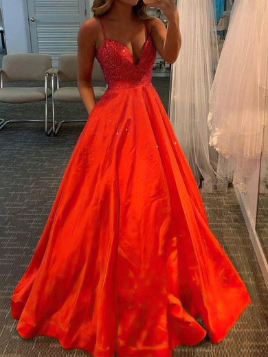 Red Ball Gown V-neck Satin Beaded Prom Dresses With Ruched #Milly020113286