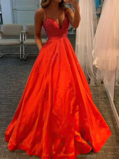Red Ball Gown V-neck Satin Beaded Prom Dresses With Ruched #Milly020113286