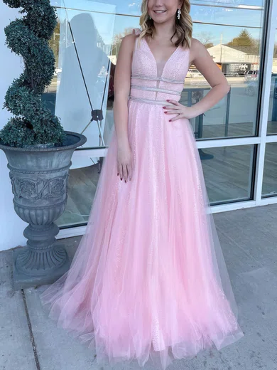 A-line V-neck Tulle Floor-length Prom Dresses With Sequins #Milly020113292