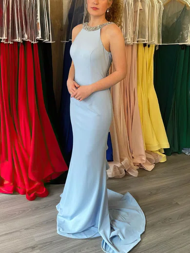 Sheath/Column Scoop Neck Stretch Crepe Sweep Train Prom Dresses With Beading #Milly020113301