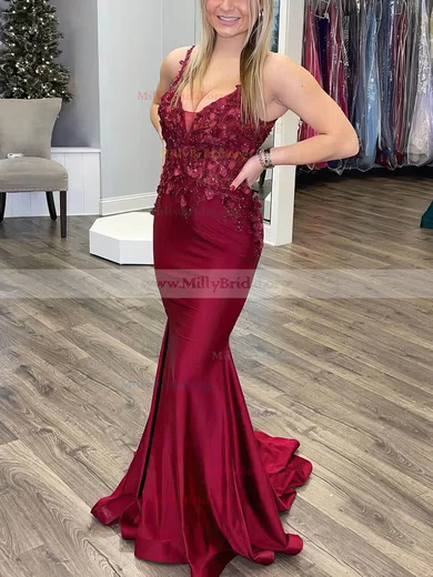 V-neck Burgundy Mermaid Jersey Lace Prom/Bridesmaid Dresses, Long Prom Dresses