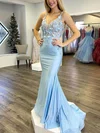 Trumpet/Mermaid V-neck Jersey Sweep Train Prom Dresses With Appliques Lace #Milly020113310
