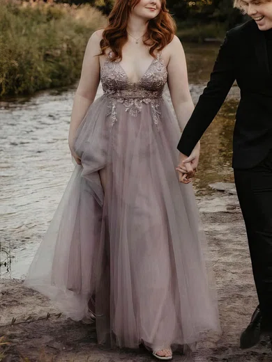 A-line V-neck Tulle Sweep Train Prom Dresses With Split Front #Milly020113318