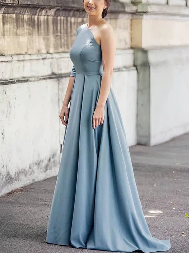 A-line One Shoulder Stretch Crepe Sweep Train Prom Dresses With Appliques Lace #Milly020113321