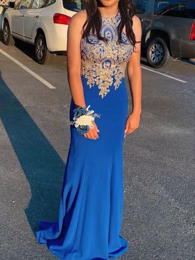 Sheath/Column Scoop Neck Stretch Crepe Floor-length Prom Dresses With Appliques Lace #Milly020113322