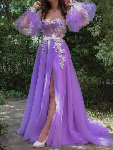 Ball Gown Off-the-shoulder Tulle 3D Floral Prom Dresses With Puff Sleeve #Milly020113326