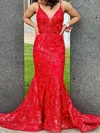 Trumpet/Mermaid V-neck Lace Sweep Train Prom Dresses With Beading #Milly020113327