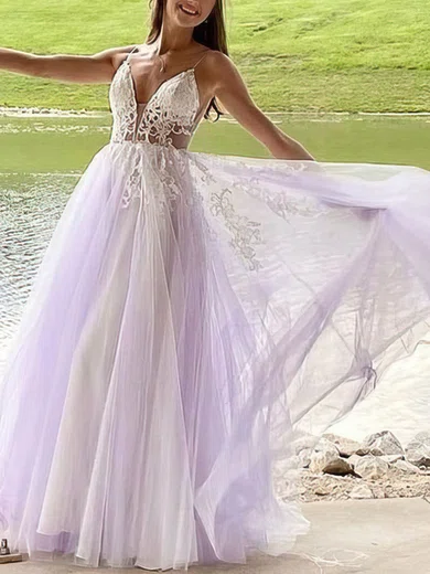 A-line V-neck Tulle Floor-length Prom Dresses With Appliques Lace #Milly020113330