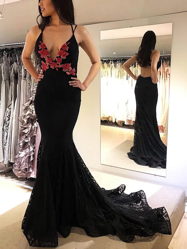 Trumpet/Mermaid V-neck Lace Sweep Train Prom Dresses With Appliques Lace #Milly020113331